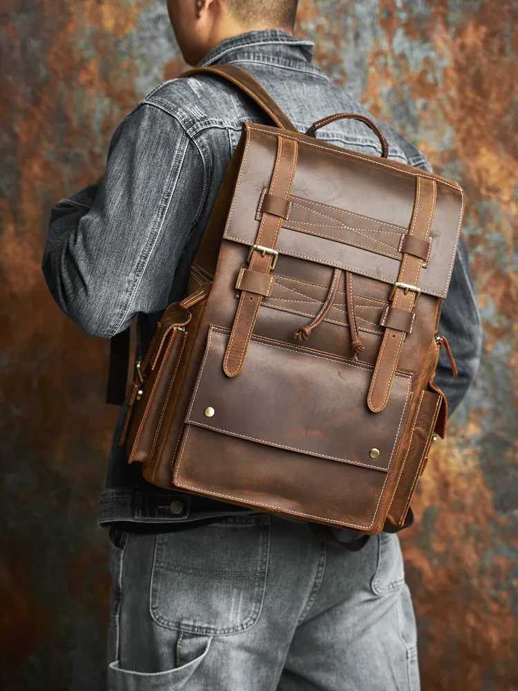 nasva-sac à dos rétro en cuir véritable pour homme, sac d'extérieur, sac à bagages, sac d'école, sac pour ordinateur portable, 15.6 pouces