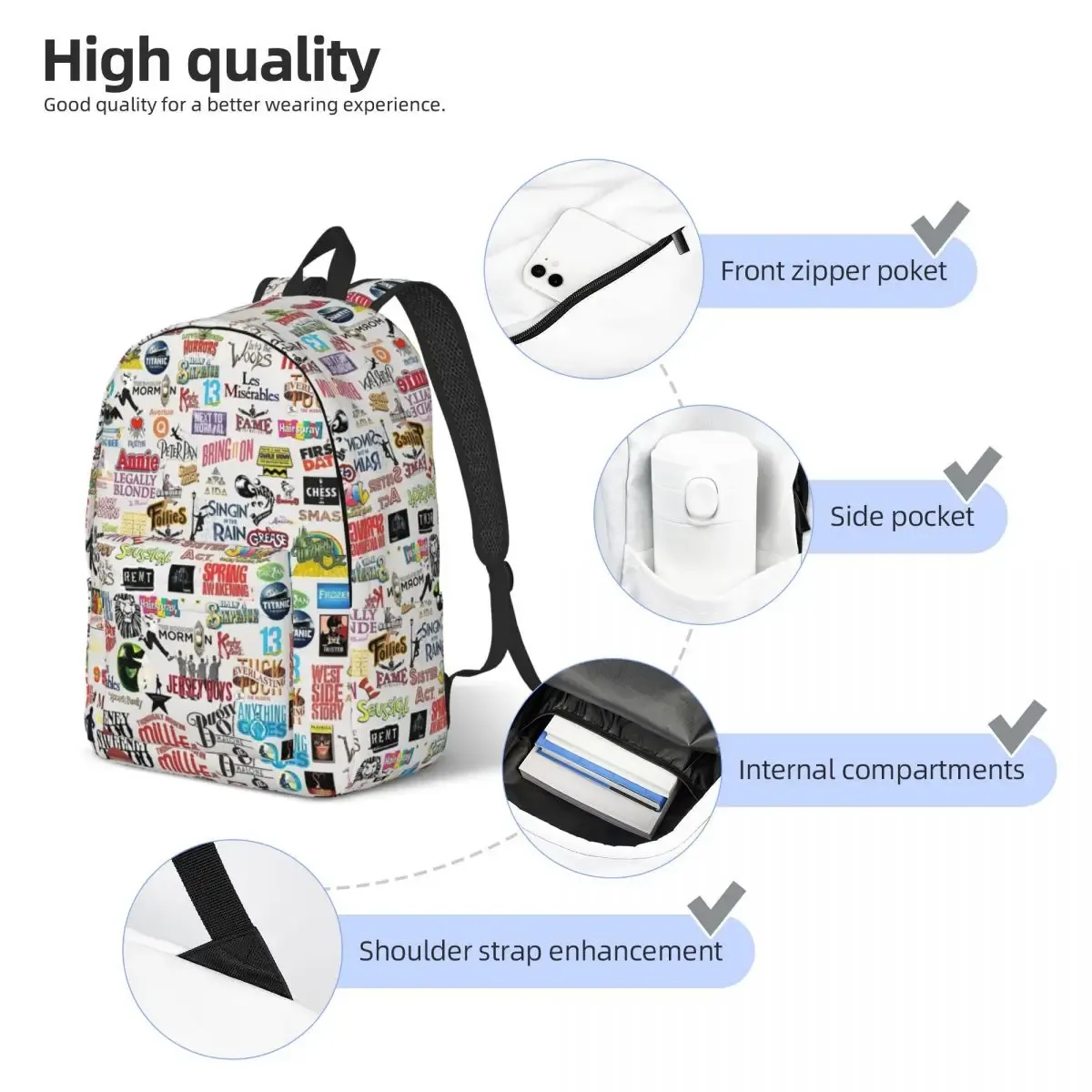 broadway melody sac à dos pour garçon fille enfants étudiant école bookbag théâtre musical drame toile sac à dos préscolaire primaire sac