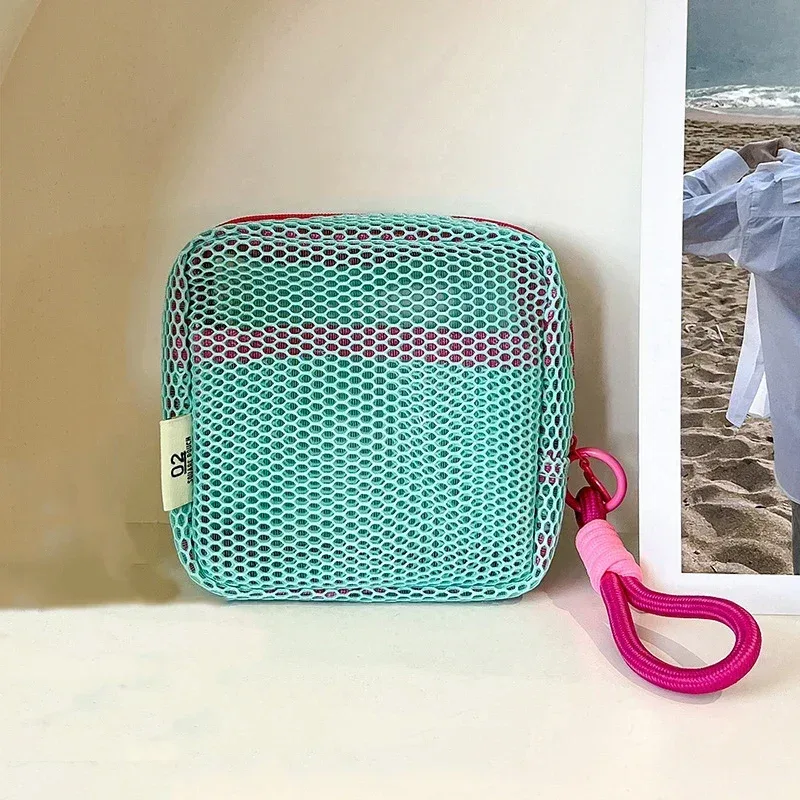 mini pochette en maille dopamine, étui carré coloré pour écouteurs, trousse à cosmétiques portable pour rouge à lèvres, organiseur de rangement respirant pour articles de toilette