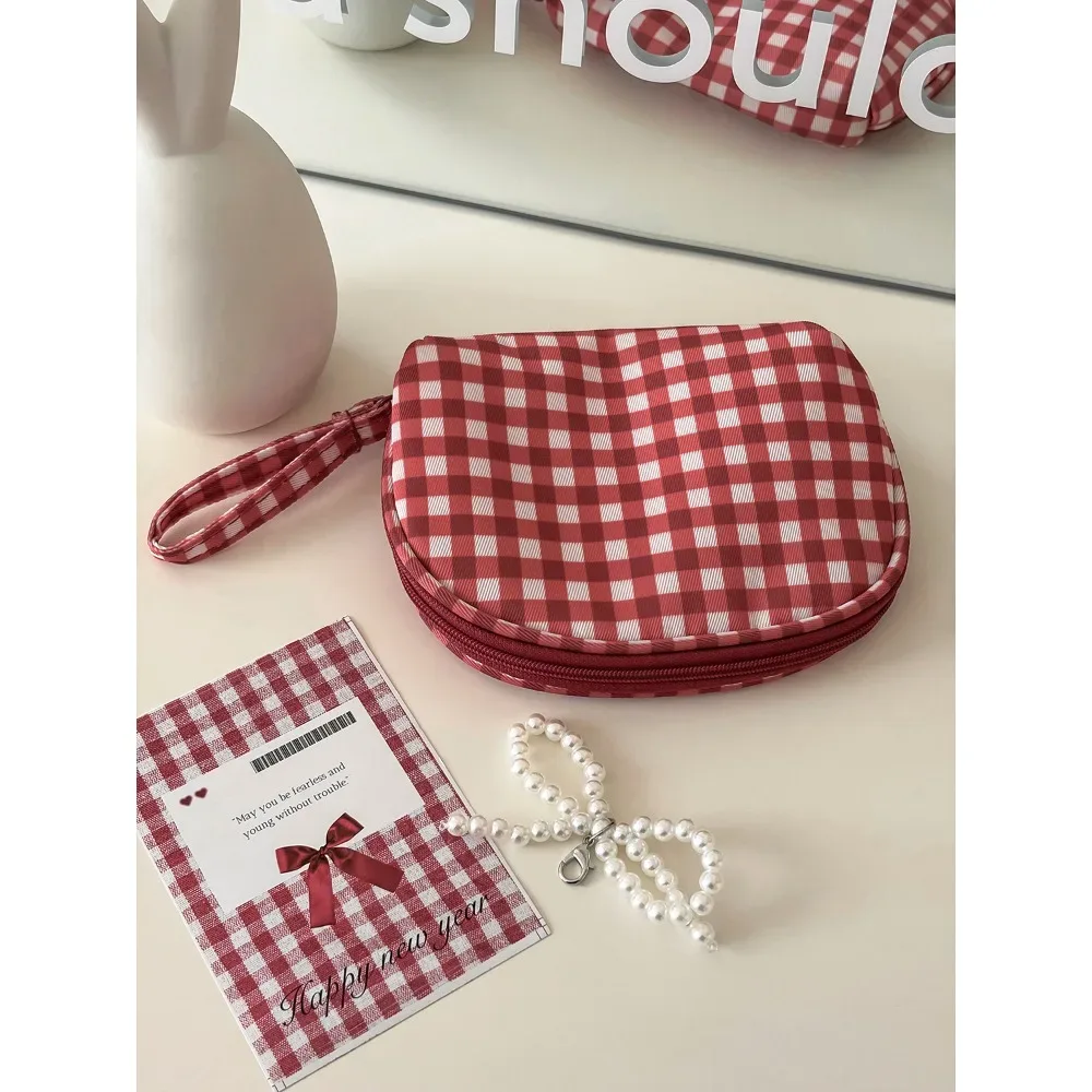 pochette à cosmétiques à carreaux, trousse de toilette de voyage minimaliste à blocs de couleur, nouvelle trousse de maquillage portable à motif quadrillé grande capacité