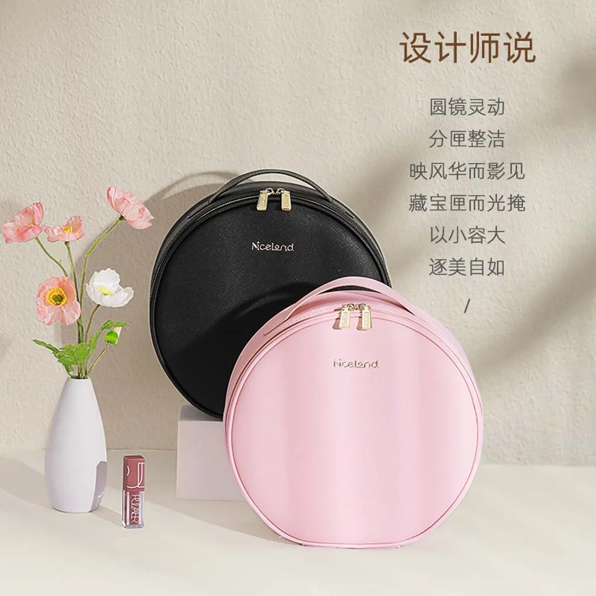 sac à cosmétiques circulaire avec lumière led miroir, sac de rangement de cosmétiques portable de grande capacité pour voyages d'affaires, étui à cosmétiques