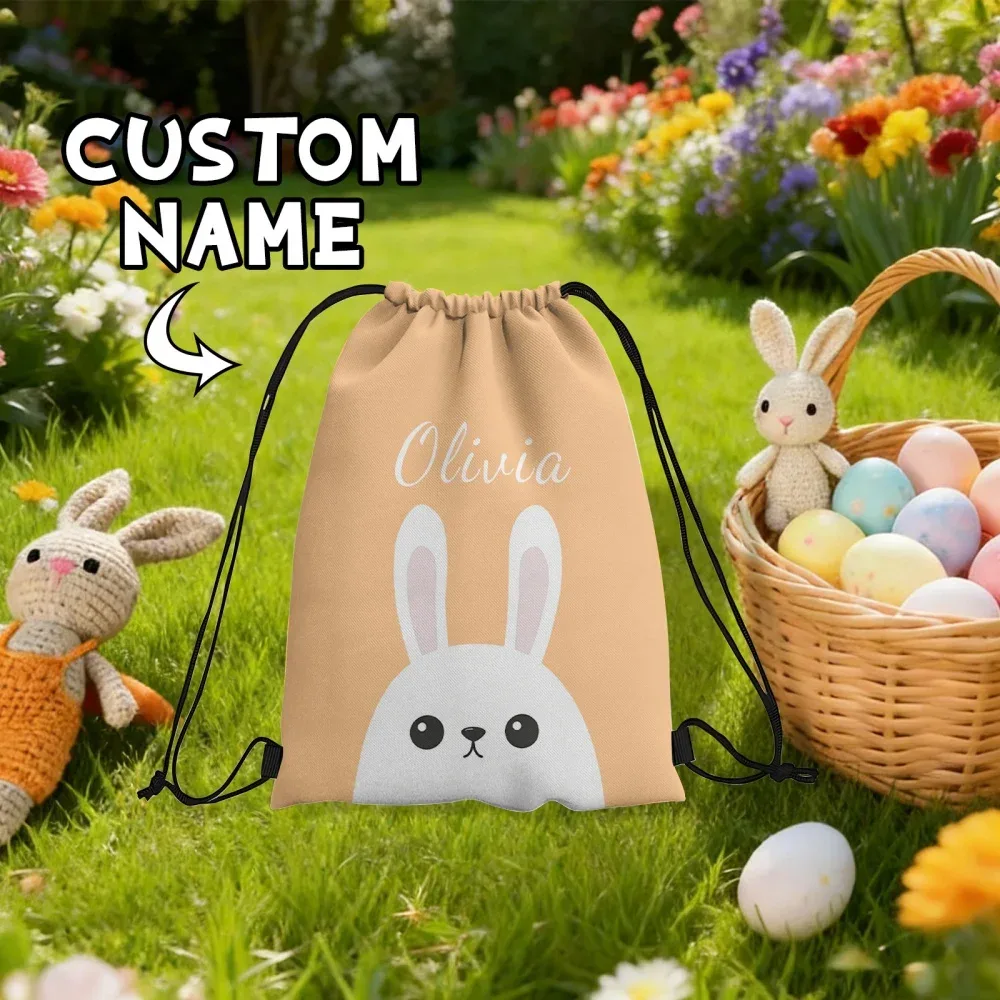 Sac à dos personnalisé avec cordon de serrage, motif lapin de Pâques, nom personnalisé, sac pour enfants, sac à cordon idéal pour la chasse aux œufs de Pâques, cadeau pour l'extérieur