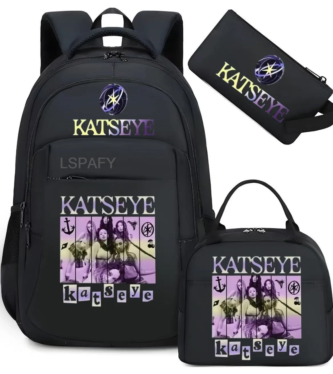 sacs d'école imprimés fashion katseye, ensemble de 3 pièces, sac à dos pour l'école primaire, garçons et filles, sac à dos de sport avec sac à lunch et trousse à crayons