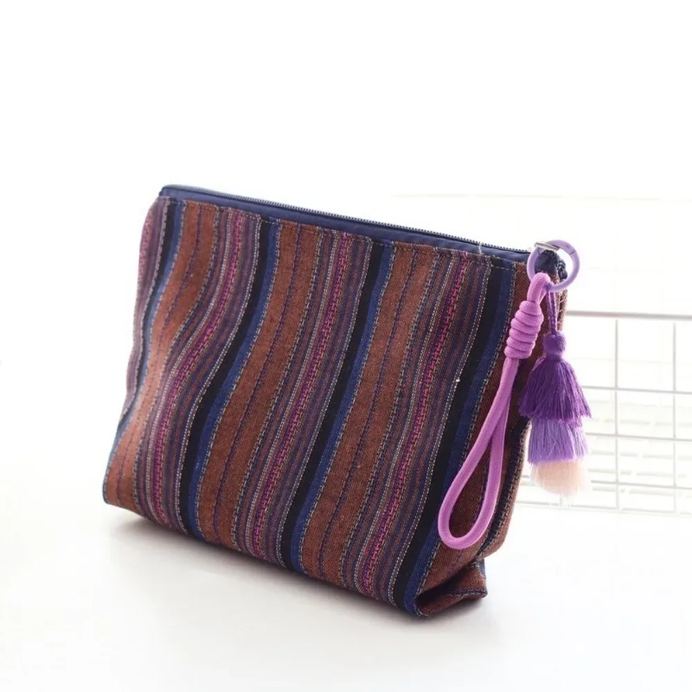 pochette de maquillage ethnique colorée à rayures avec fermeture éclair, sac de rangement de voyage, pendentif à franges, grande capacité, pochette de toilette