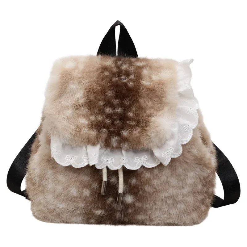 sac à dos en peluche tendance avec rabat à volants en dentelle, grande capacité, sac de voyage décontracté, sac d'école vintage, sac à dos doux et mignon pour femmes.