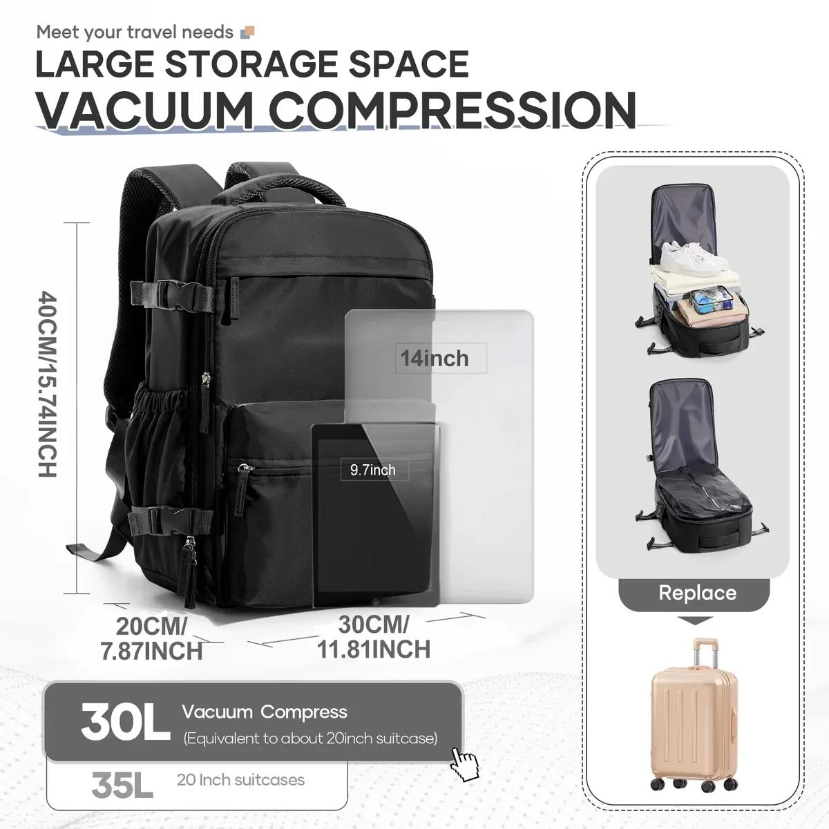 Sac à dos cabine Ryanair 40x30x20, sac à dos Wizzair Easyjet, sac à dos sous vide, bagage à main, sac à dos pour ordinateur portable homme, sac de rangement sous vide
