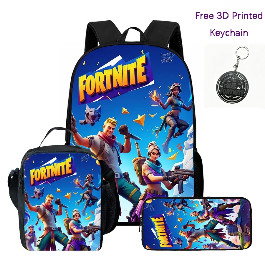ensemble de 3 sacs à dos pour enfants, sac à lunch et trousse à crayons, sac fortnite à motif de dessin animé, léger pour garçons et filles de 6 à 10 ans, porte-clés imprimé en 3d gratuit