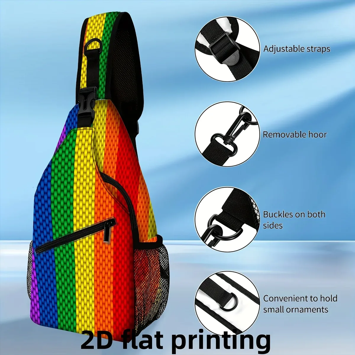 sac à bandoulière imprimé rayures arc-en-ciel, sac à bandoulière plat 2d, sac à dos léger en nylon pour les voyages et le quotidien