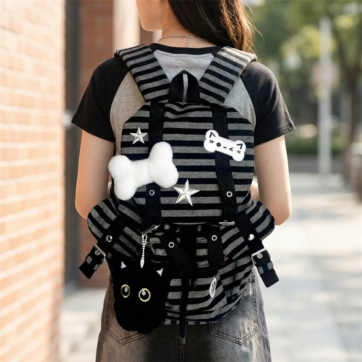 sac à dos rayé de style coréen, mignon, y2k, décontracté, avec cordon de serrage, sacs d'étudiant grande capacité, sac pour femme k-pop, pour voyage et vacances