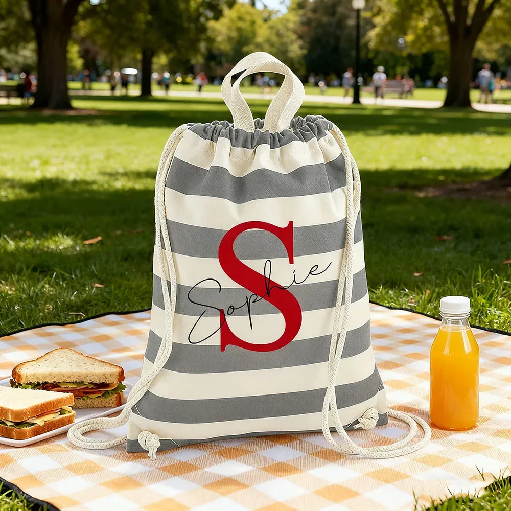 sac à dos à cordon de serrage rayé personnalisable, en toile de coton, avec texte personnalisé, sac pliable et portable pour voyage et école