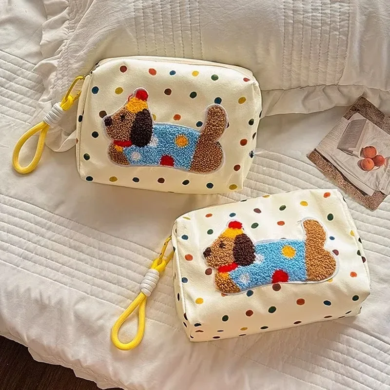 sac à cosmétiques teckel mignon de dessin animé avec corde, sac de rangement de lavage de voyage portable de grande capacité pour femmes, sac de maquillage de toilette à fermeture éclair
