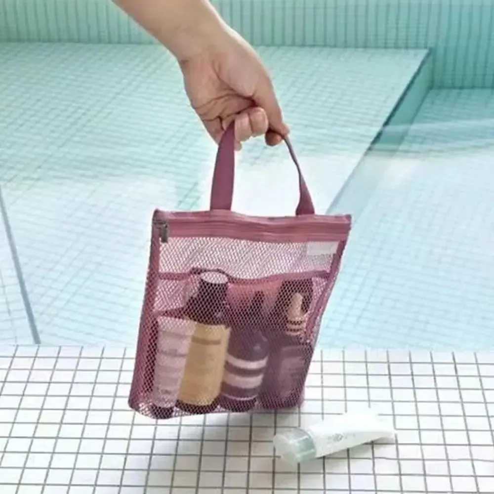 sac de douche de rangement de voyage en maille, sac de toilette de plage, sac à cosmétiques, sac à main en maille, sac de rangement d'articles de toilette pour l'extérieur suppleis