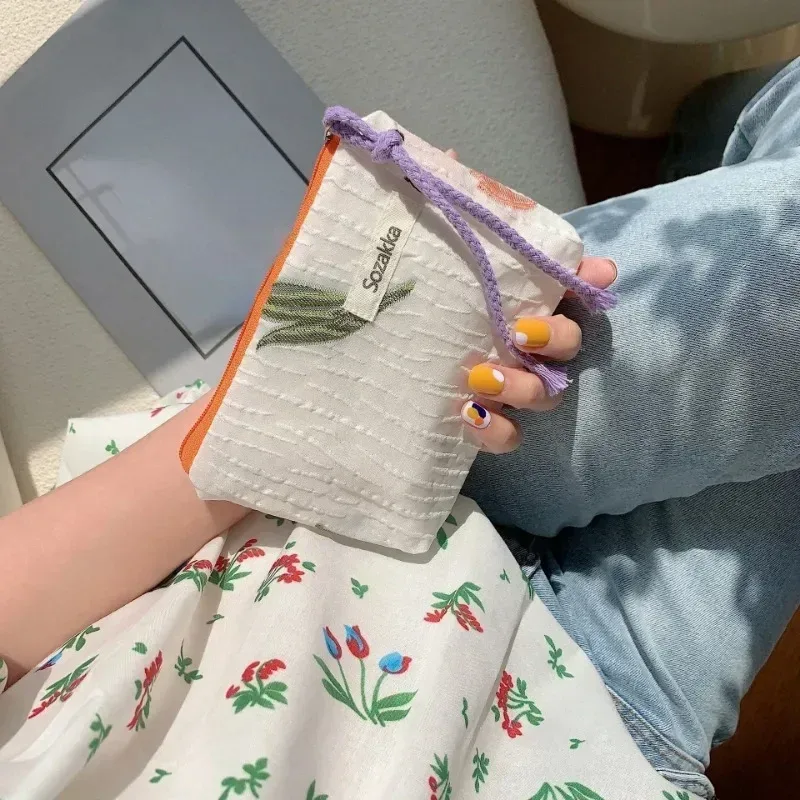 petite trousse de maquillage cosmétique pour femmes et filles, mini sacs à fleurs en coton, trousse de maquillage rouge à lèvres, sac à main pour enfants, trousse à poudres à monnaie