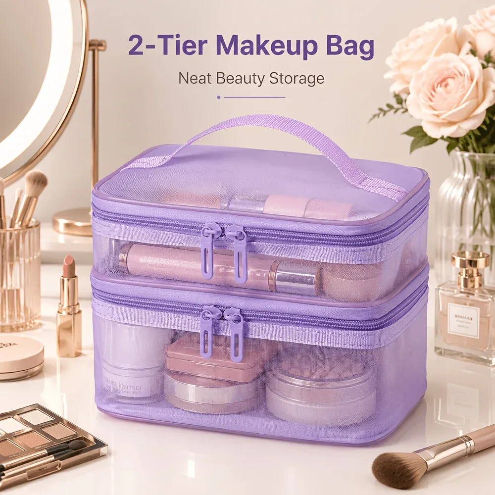 sac de rangement pour articles de toilette transparent à double couche et grande capacité, organisateur de cosmétiques portable avec compartiments
