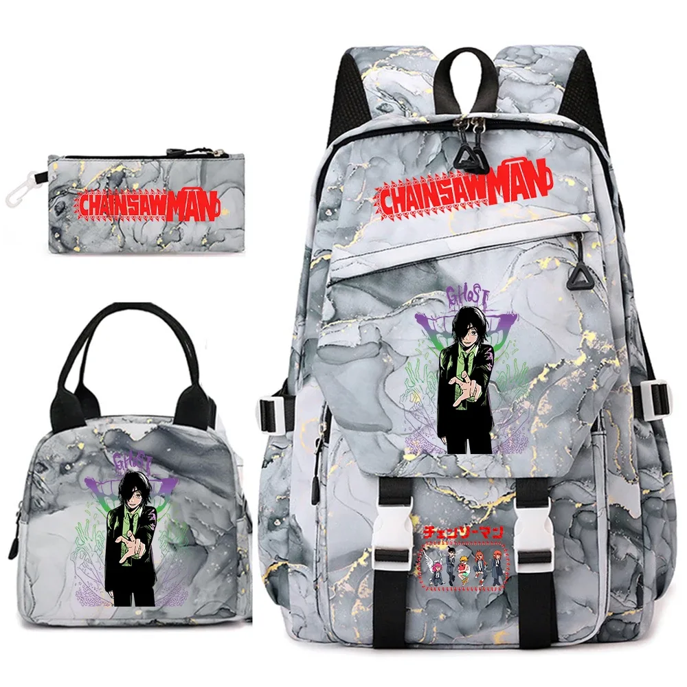 ensemble de sacs à dos pour étudiantes avec imprimé chainsaw man anime, pour filles, avec sac à lunch et trousse à crayons, pour une utilisation quotidienne à l'école