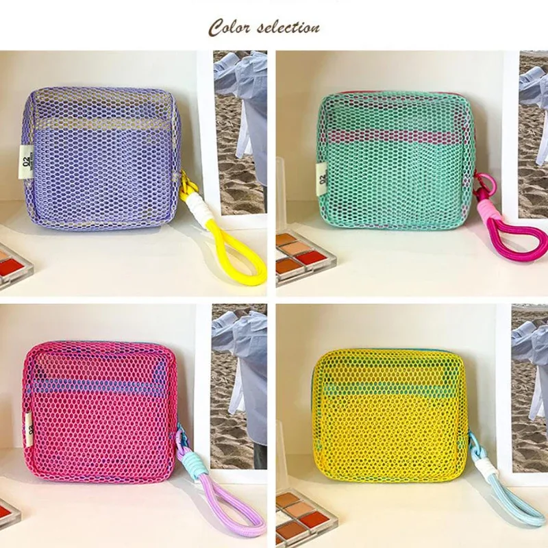 sac cosmétique carré en maille, sac de rangement cosmétique carré portable avec fermeture éclair, sac de rangement multi-usages pour articles divers