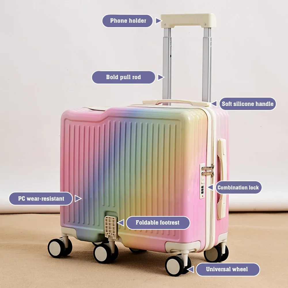 valise à roulettes 18 pouces, bagage cabine portable, 6 roues, fermeture éclair, verrouillable, avec siège intégré pour enfants