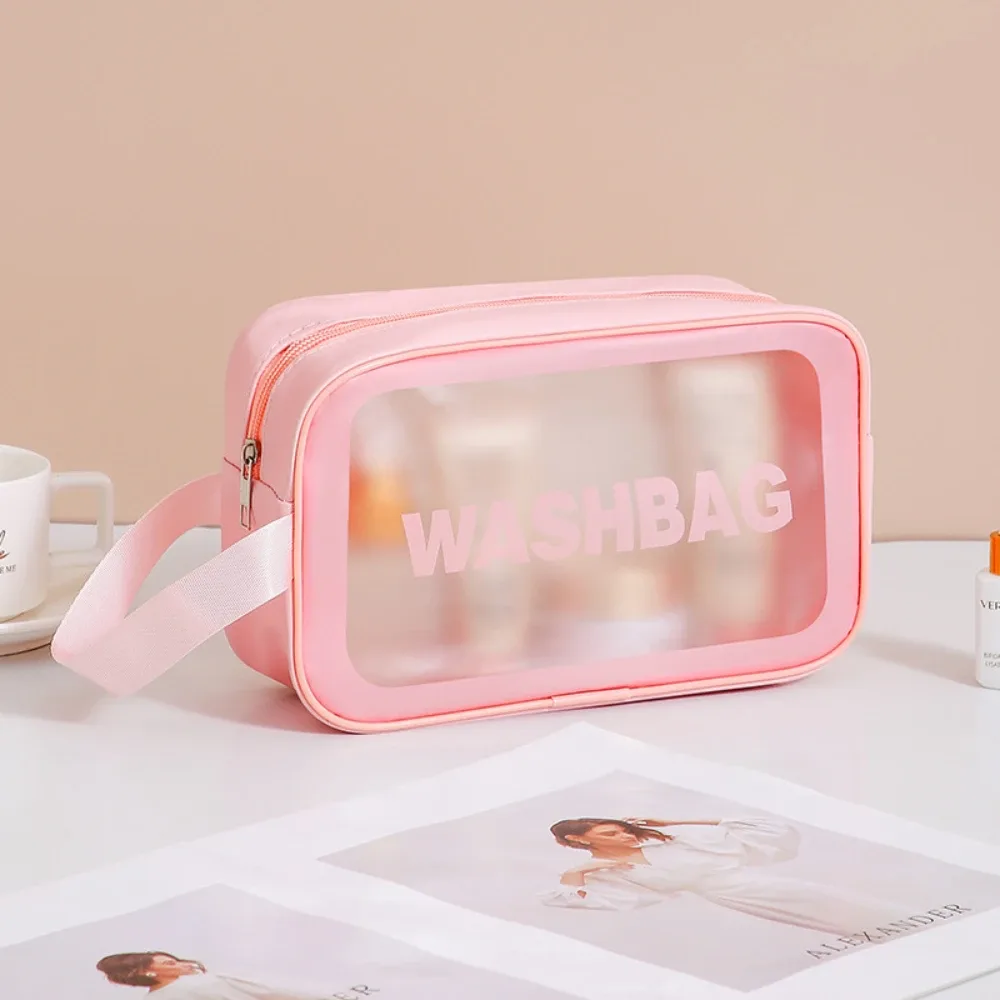 trousse de toilette de voyage portable en pu transparent pour hommes et femmes, sac de maquillage imperméable avec fermeture éclair et poignée pour l'aéroport et la salle de bain