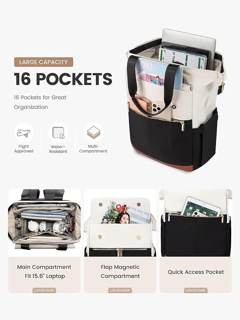 Sac à dos pour ordinateur portable de 15,6 pouces pour femmes avec port USB, sacs à bandoulière tendance, sac à main, sac à dos de voyage imperméable avec sac organisateur