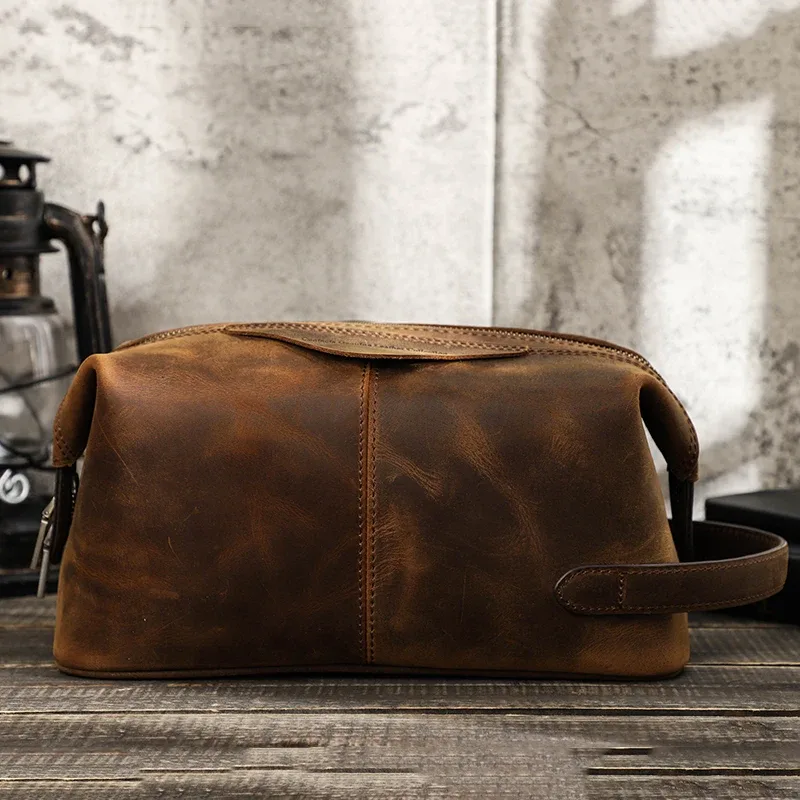 contact's crazy horse – trousse à cosmétiques en cuir pour hommes, trousse de toilette, pochette de maquillage pour hommes, rangement de lavage de voyage vintage, grande capacité