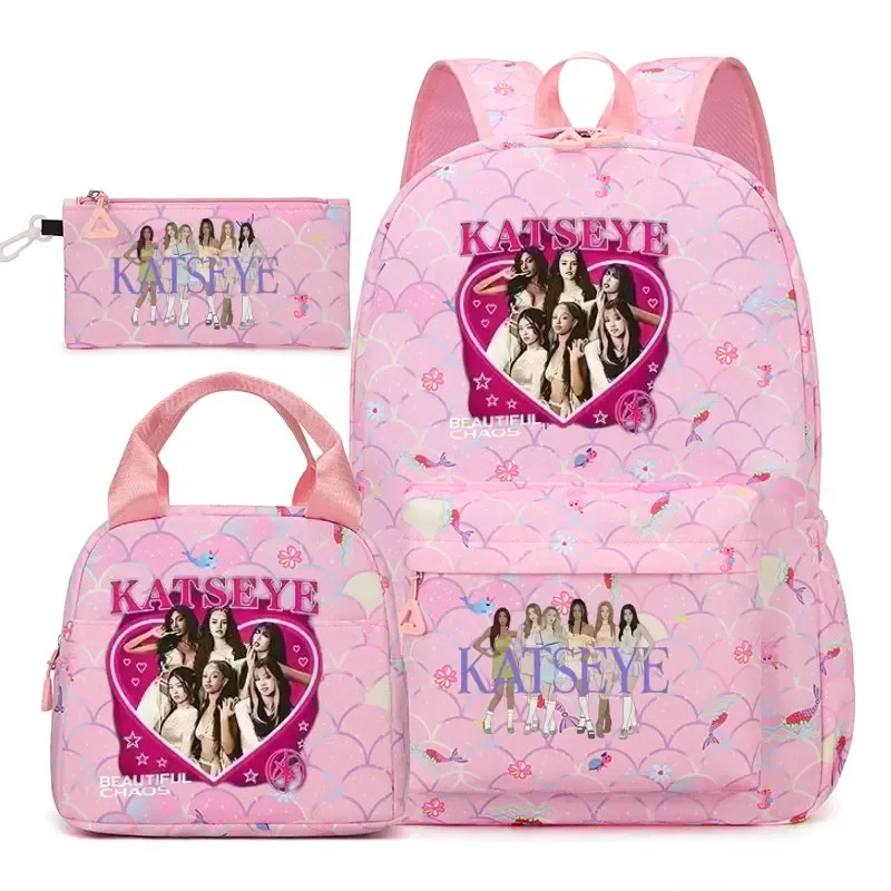ensemble de sacs à dos katseye 3 pièces, sac à dos grande capacité pour étudiants avec sac à lunch et trousse à crayons, sac à dos décontracté et tendance