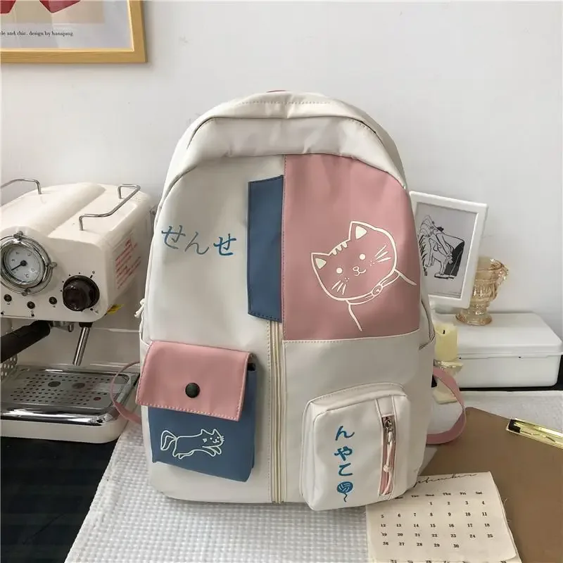 sac à dos de voyage en nylon imperméable de grande capacité, cartable de style coréen avec chat de dessin animé mignon pour femme