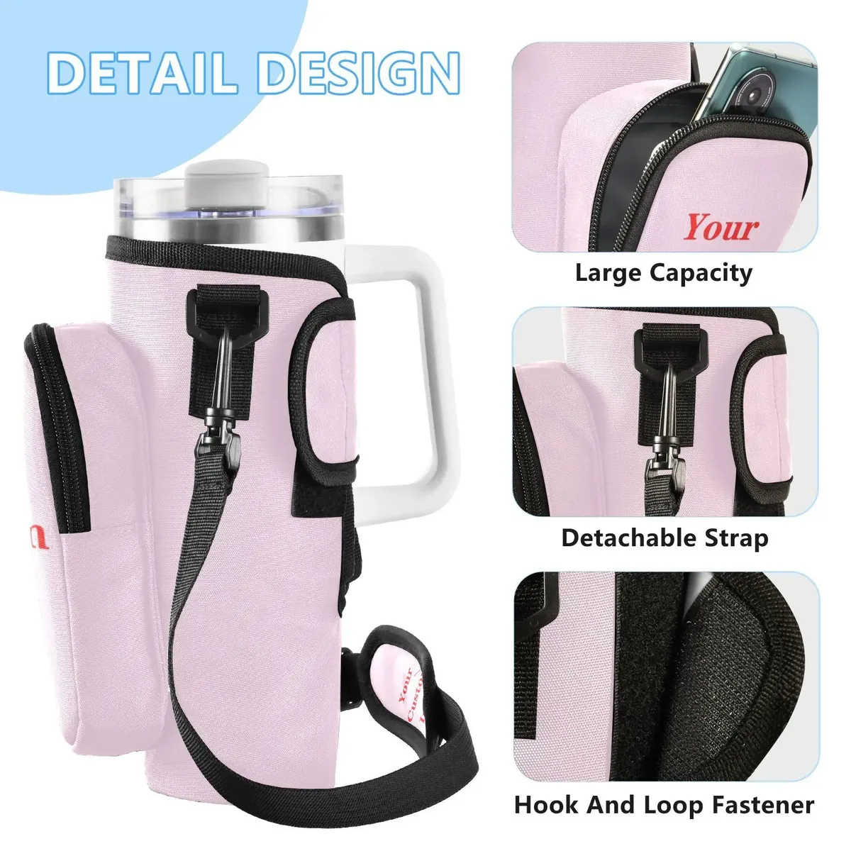 sac à bandoulière pour bouteille d'eau avec poche pour téléphone, multi-poches, accessoires personnalisés, 40oz