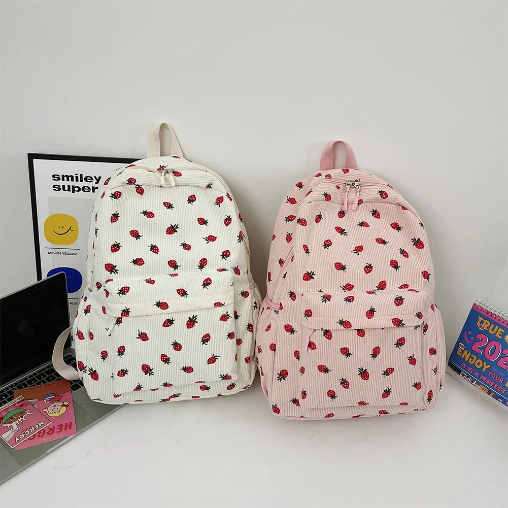 Sac à dos en velours côtelé à motif fraise, sac à dos quotidien de grande capacité, sac à livres tendance, multi-poches, sangle réglable pour les voyages en plein air