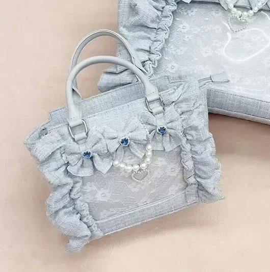 sac à main en dentelle à volants pour femmes et filles, sacoche de style japonais, fourre-tout carré avec nœud papillon en perles, sacs à main portables initiés