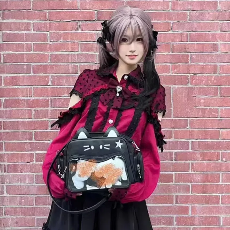 sac à dos chat argenté du japon y2k, sac d'école ita pour adolescent mignon, sac de voyage à poche transparente pour filles douces, femmes et garçons