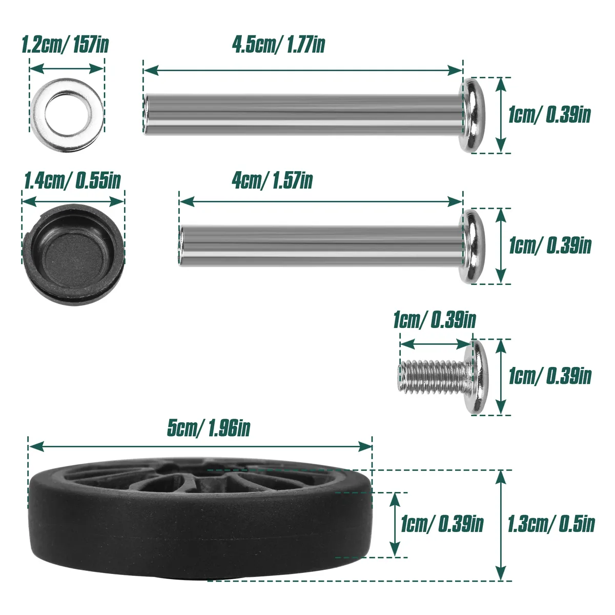 4 roulettes de rechange noires de 50 mm pour valise de voyage avec vis, roulettes en plastique pour bagages, kits de réparation de roulettes de chariot