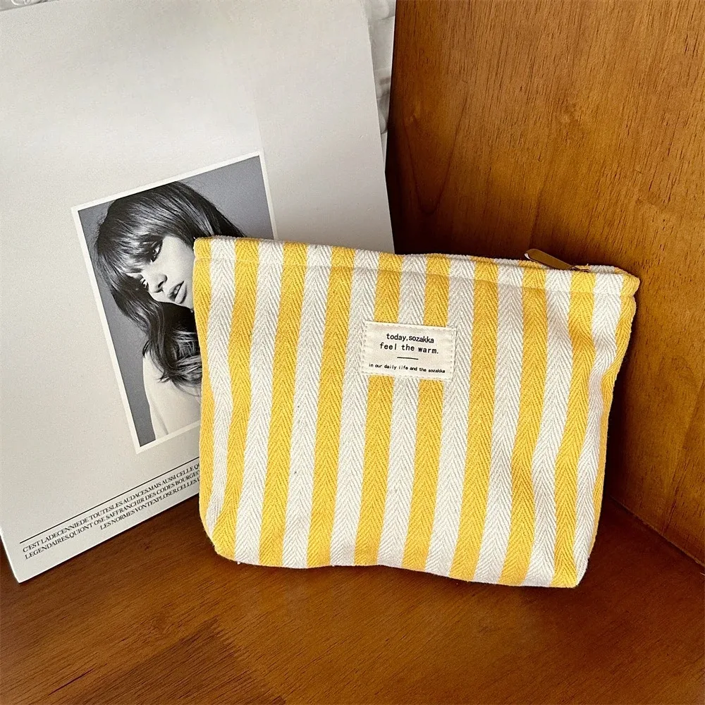 sac à cosmétiques à rayures, organisateur de voyage en toile portable pour dames, petit étui de maquillage de rangement