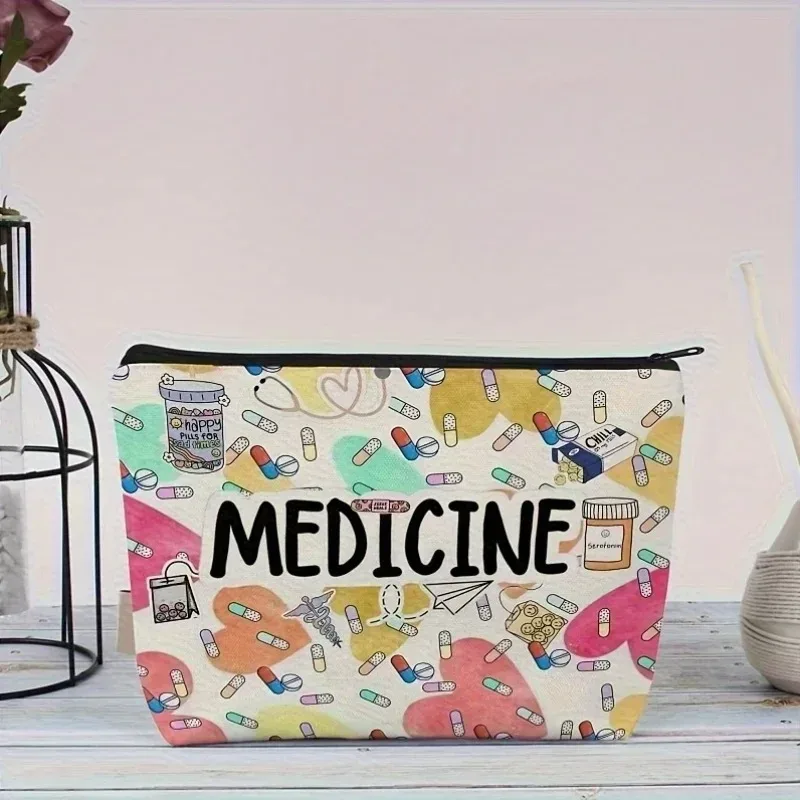 sac de rangement de pilules multifonctionnel, sac de rangement de médicaments à fermeture éclair de voyage avec les idées essentielles des allergies et de l'asthme, icônes colorées sur sac noir