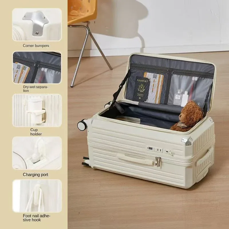valise à ouverture latérale avec porte-gobelet usb, valise épaisse et durable, grande capacité, valises de voyage 36 pouces, 20/26/30/32 pouces