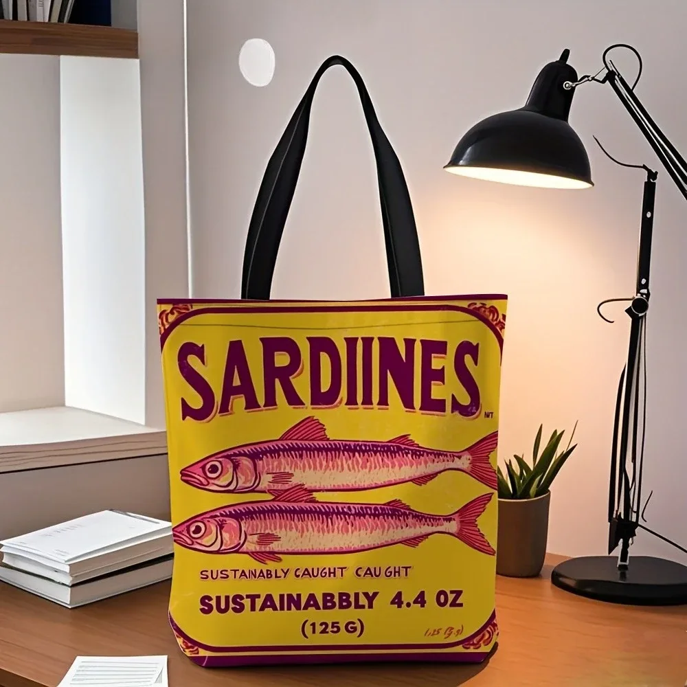 sac fourre-tout chic en polyester pour sardine, 1 pièce, tissu léger et durable pour le travail, l'école, cadeaux de shopping, cadeaux de sardine, sac de transport quotidien