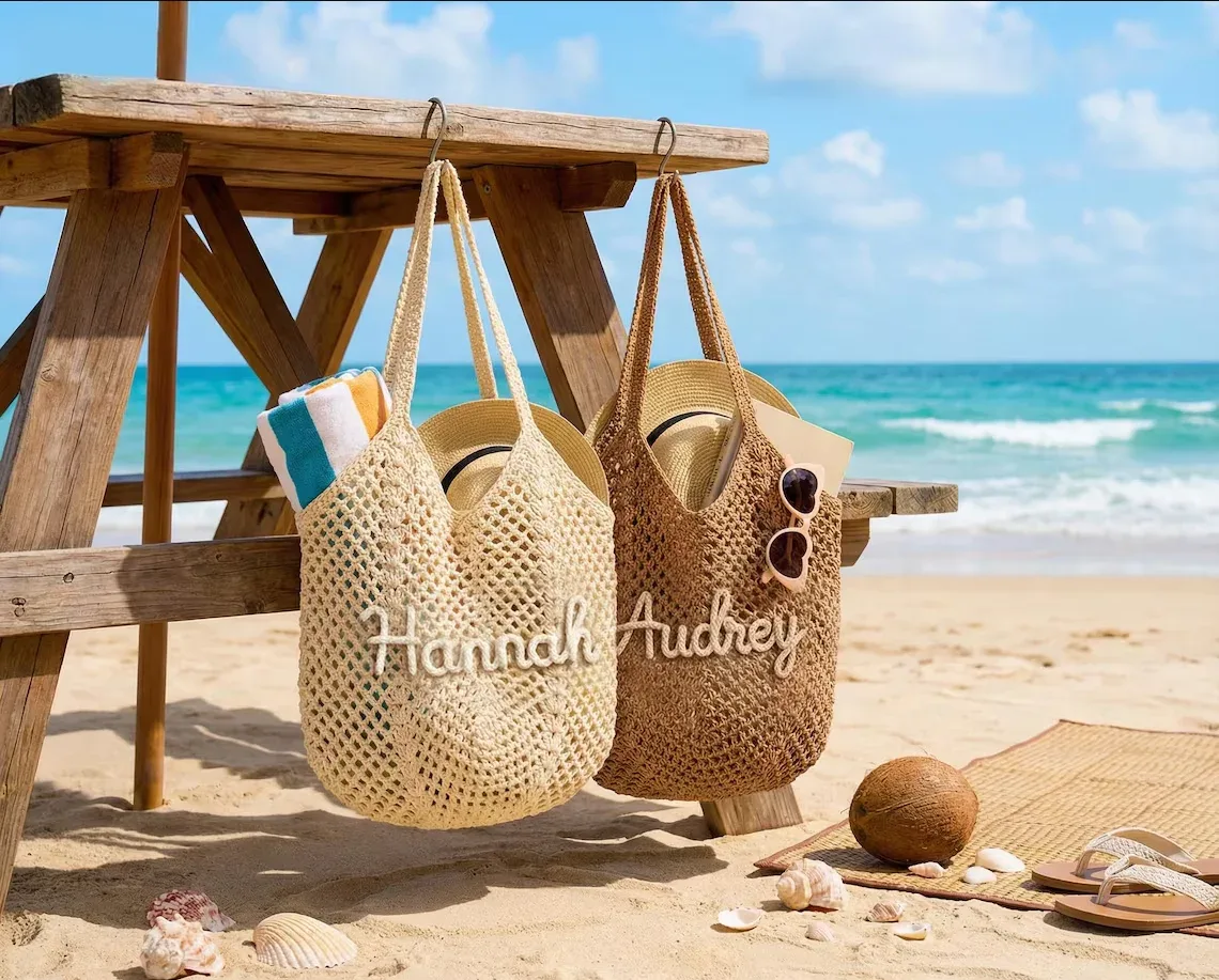 Sac de plage au crochet personnalisé, sac fourre-tout d'été, sac cadeau pour demoiselle d'honneur, sac cadeau pour enterrement de vie de jeune fille, sac artisanal écologique
