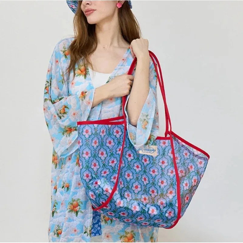 sac de plage grande capacité pour maman, sac à bandoulière color-block, sac de shopping en maille ajourée, sac de rangement pour jouets de plage et de natation