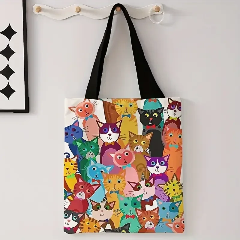 sac à main décontracté imprimé motif chaton coloré, sac à dos réutilisable et tendance, sac de courses multifonctionnel en toile