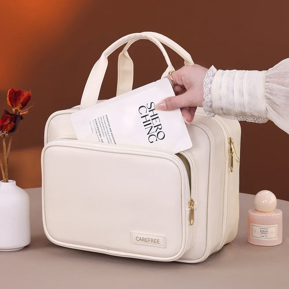 sac à cosmétiques de grande capacité, organisateur de produits de toilette de maquillage, pochette de toilette de voyage portable en cuir pu, sac de rangement de cosmétiques pour femmes