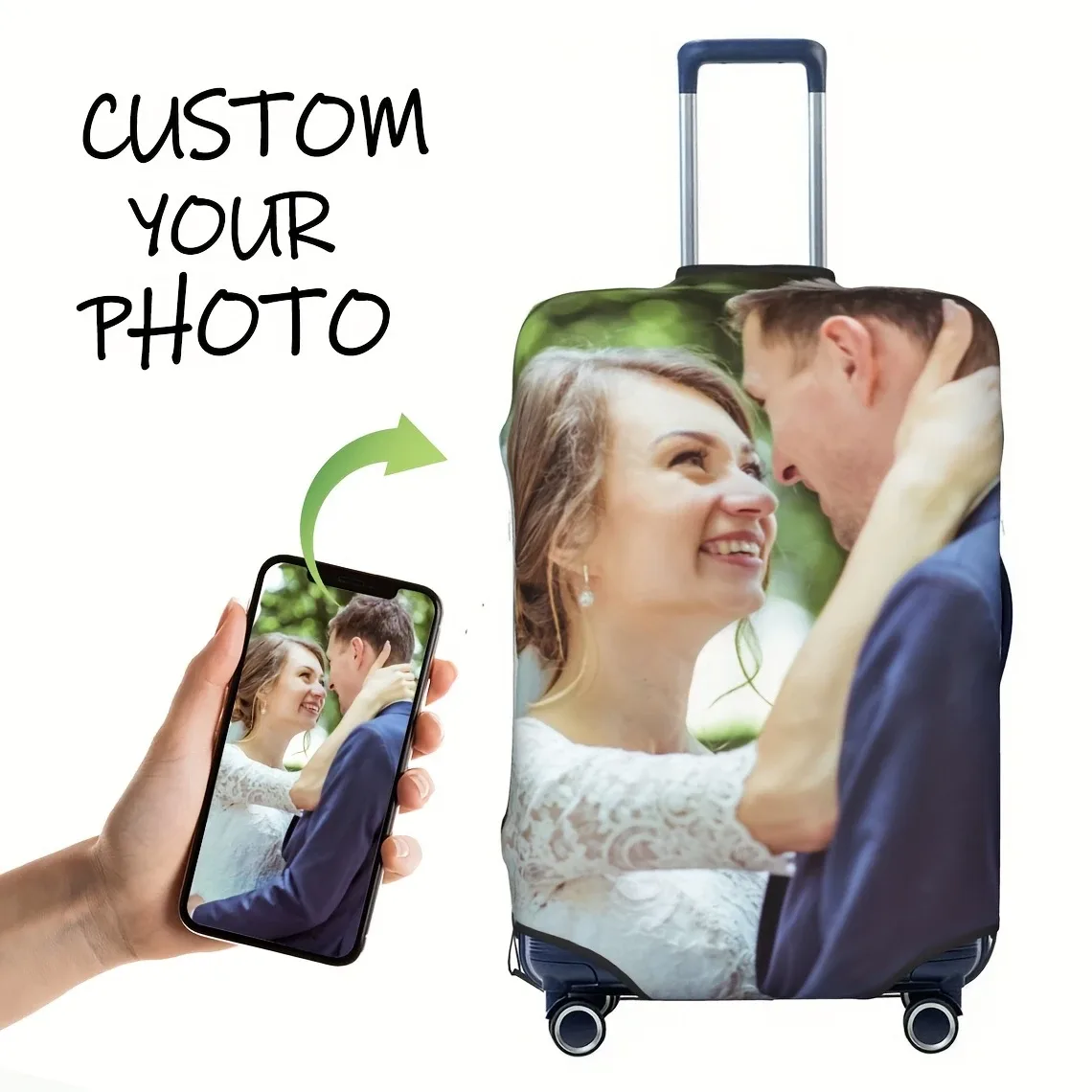 Housses de bagages personnalisables avec photos et texte personnalisés, impression recto-verso, en polyester extensible, et imperméables