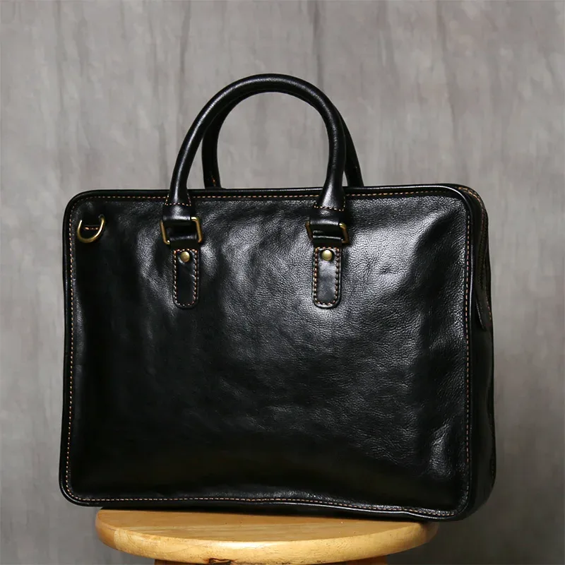 nzpj rétro hommes porte-documents en cuir pochette d'ordinateur couche supérieure en peau de vache sac à main décontracté 14 pouces sac à bandoulière d'affaires sac de messager