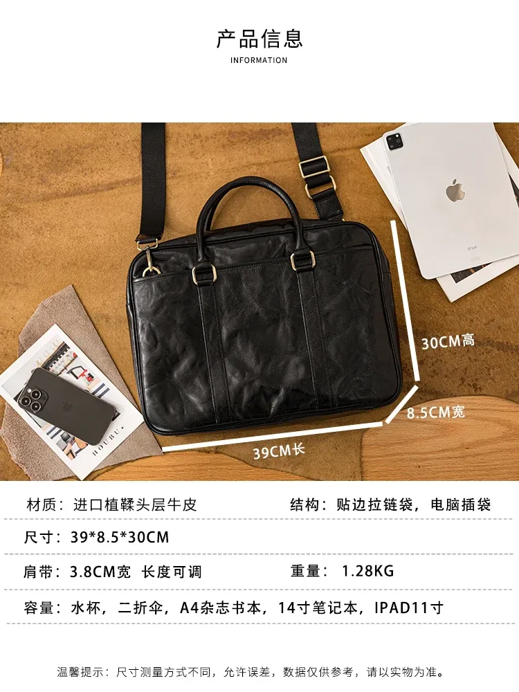 porte-documents simple et décontracté en cuir véritable pour hommes, grande capacité, travail d'affaires, luxe, cuir de vache, avocat, noir, sac à main pour ordinateur