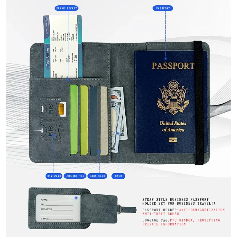 essentiels de voyage : porte-passeport à blocage rfid + ensemble d'étiquettes de bagage en cuir