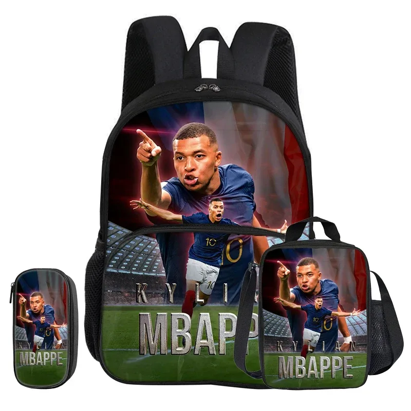 ensemble de 3 pièces m-mbappe avec sac à dos à poche avant, sac isotherme pour le déjeuner, trousse à crayons de star de football, cadeau pour enfants