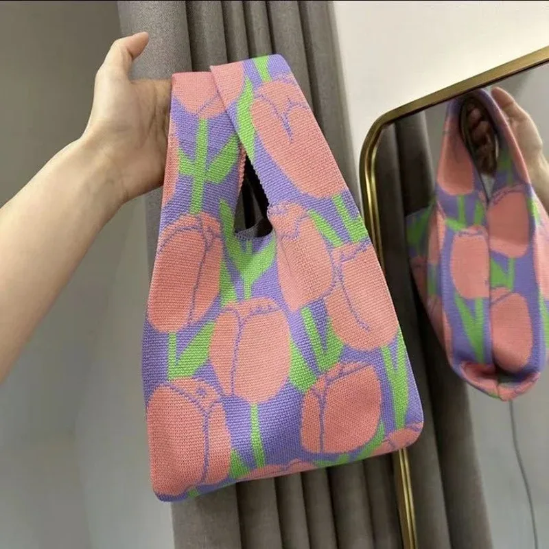 sac à main en tricot fait à la main pour femme, mini sac de poignet à nœud, sac fourre-tout à carreaux à large rayure, sacs à provisions réutilisables pour étudiants, document décontracté japonais