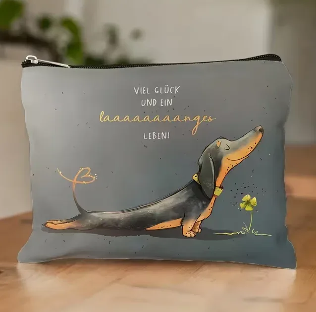 sac à cosmétiques amusant avec motif de chien teckel, pochette de maquillage avec imprimé de dessin animé mignon, organisateur de toilette de voyage