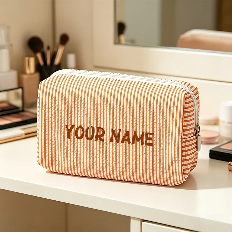 pochette à maquillage personnalisée à rayures verticales décontractées, pochette de rangement élégante et simple en tissu seersucker, sac de voyage léger et spacieux pour cosmétiques