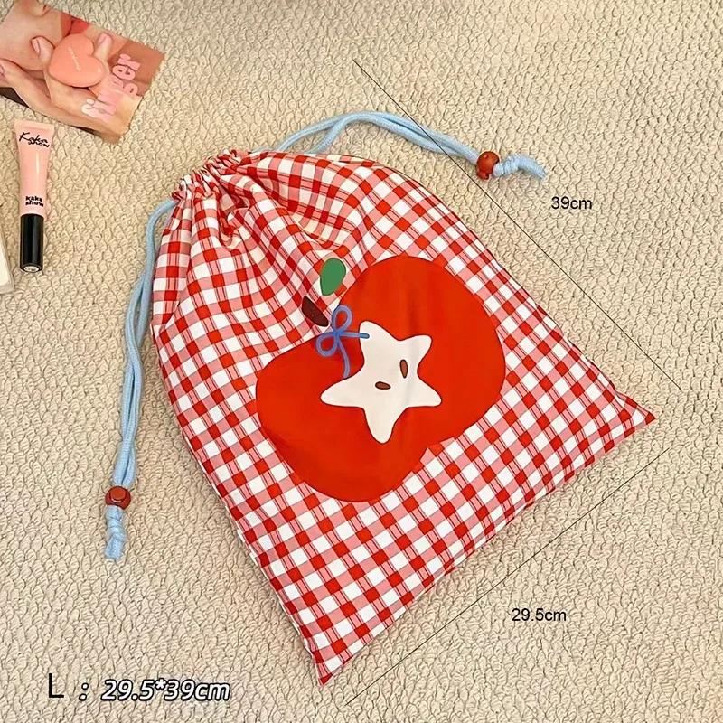 sac de rangement mignon à cordon de serrage, grande capacité, motif écossais rouge, organisateur de voyage pour vêtements et cosmétiques, pochette portable en tissu avec porte-clés apple