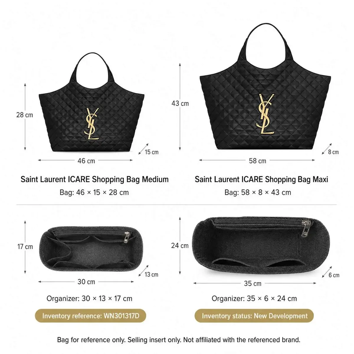 organisateur de sac compatible avec le sac shopping saint laurent icare maxi, doublure de sac imperméable et fine avec poche zippée 35 x 6 x 24 cm