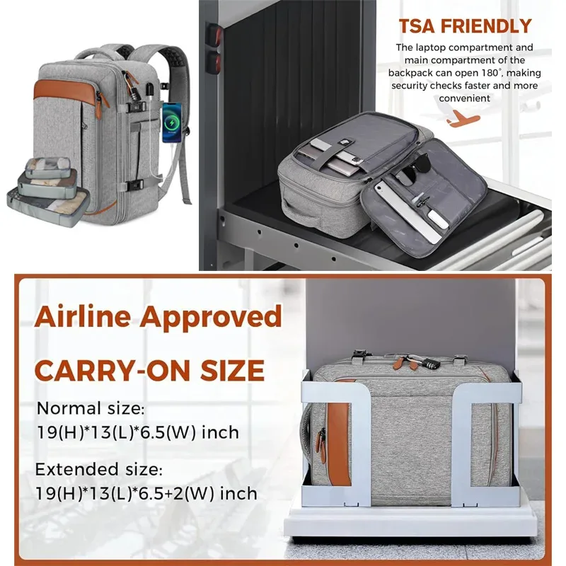 sac à dos de voyage, sac à dos de voyage approuvé par les compagnies aériennes avec 3 cubes de rangement, sac de voyage extensible de grande capacité 40l pour ordinateur portable de 17,3 pouces, anti-vol